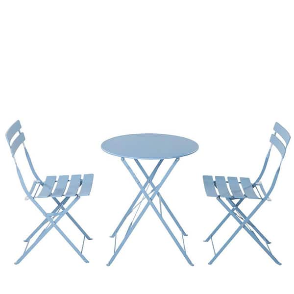 FORCLOVER Baby Blue 3-Piece Metal Outdoor Round Bistro Set with 2 Foldable Chairs (2-Person)