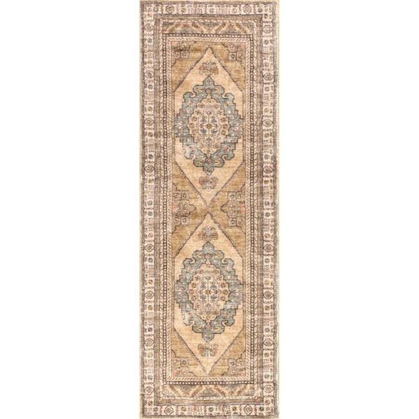 nuLOOM Light Brown 30 ft. x 96 ft. Hollyn Vintage Medallion Machine Washable Area Rug Runner Rug