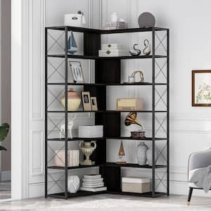 70.9 in. Black 7-Tier L-Shaped Corner Bookcase with Metal Frame