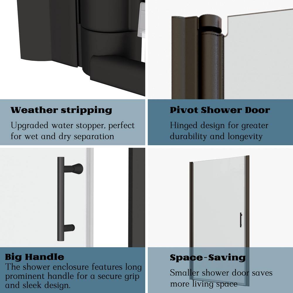 Matte Black Frameless Pivot Shower Door with Clear Glass, 28-29.4 in. W x 72 in. H