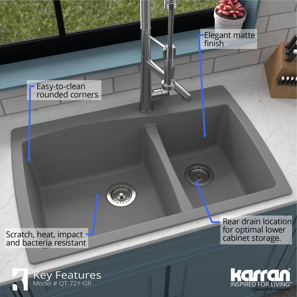 Gray Quartz Composite 34'' Double Bowl Kitchen Sink