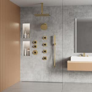 Thermostatic 8-Spray 12 and 6 in. Dual Shower Heads Ceiling Mount Fixed and Handheld Shower Head in Brushed Gold