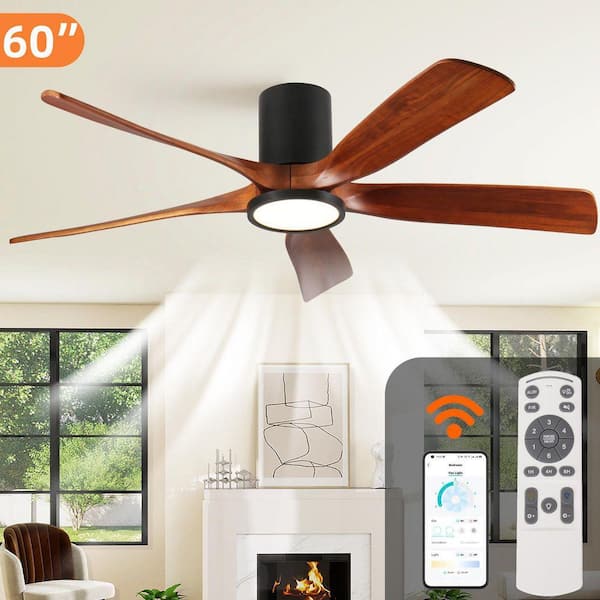 60 in. Flush Mount Ceiling Fan with Light,5 Brown Solid Wood Blades, Quiet Reversible DC Motor,Dimmable LED, Remote, APP