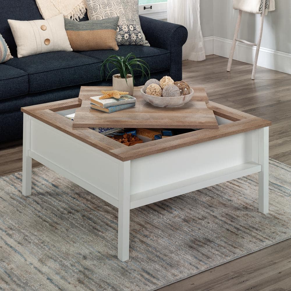 Soft White and Oak Square Gaming Coffee Table with Reversible Top