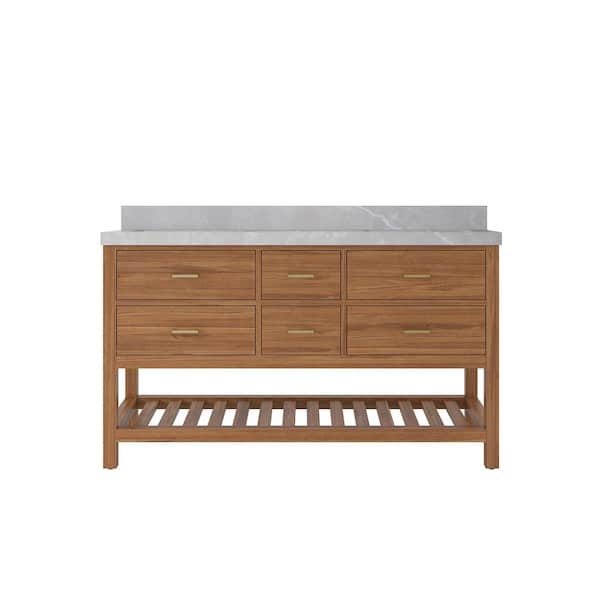 Willow Collections Parker Teak 60 in. W x 22 in. D x 36 in. H Double Sink Bath Vanity in Golden Teak with 2 in. Pearl Gray Qt. Top