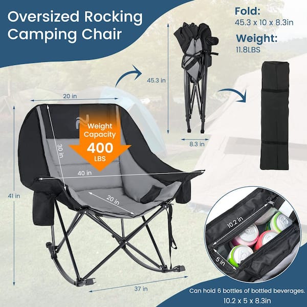 Oversized Rocking Camping Chair Metal Portable Foldable Outdoor Rocking Chair for Camping, Black and Gray