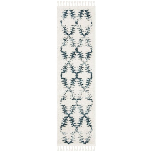 SAFAVIEH Berber Fringe Shag Cream/Blue 2 ft. x 8 ft. Floral Diamond Geometric Runner Rug