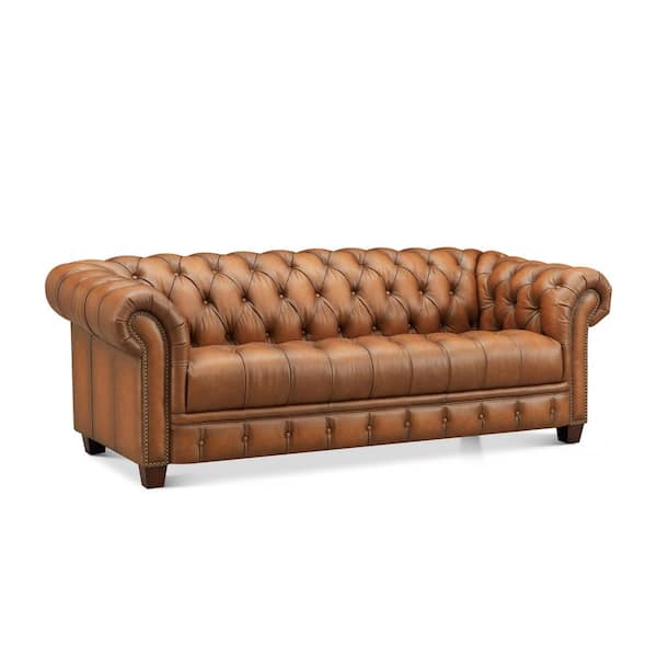 York 89 in. Rolled Arm Top Grain Leather Rectangle 3-Seater Sofa in. Saddle Brown
