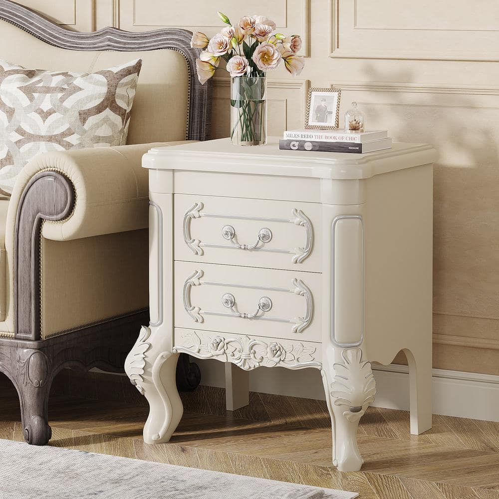 Cream White Carved Wood Nightstand with Silver Accents and 2 Drawers