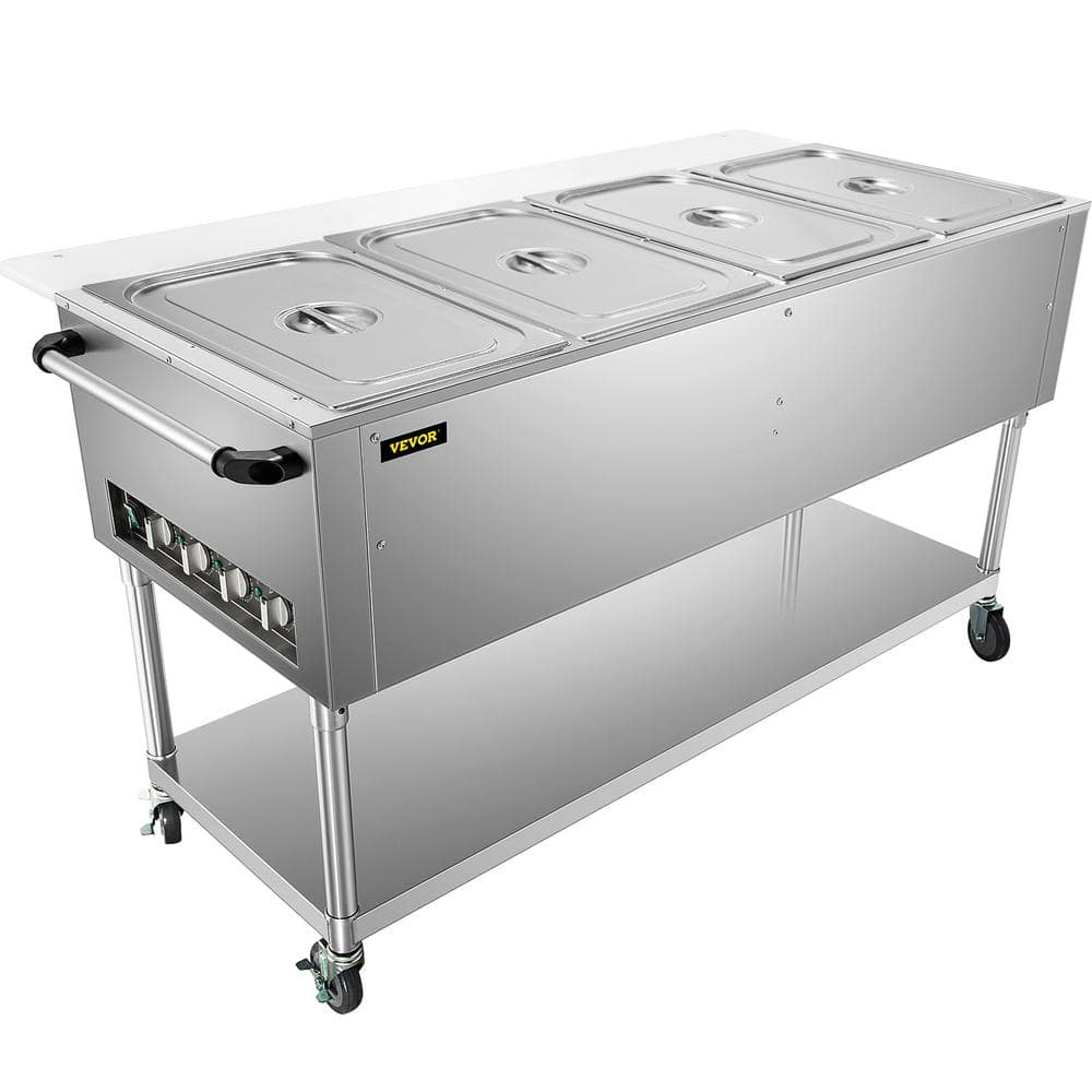 VEVOR 77 qt. Commercial Electric Food Warmer 4-Pot Steam Table Food Warmer 0-100â„ƒ with 2-Lockable Wheels ETL Certification