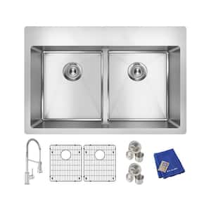 Crosstown Stainless Steel 33 in. Equal Double Bowl Dual Mount Kitchen Sink Kit with Faucet and Aqua Divide