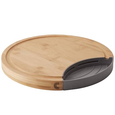 14 in. Wood, Round Reversible Chop and Slide Cutting Board with Catch Tray