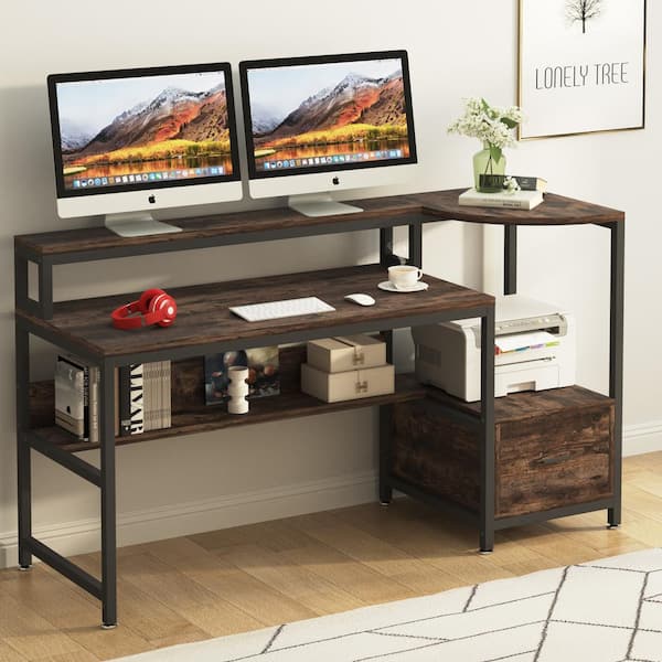 TRIBESIGNS WAY TO ORIGIN Roger 63 in. Rectangular Black Metal Brown  Particle Board 1 File Drawer Computer Desk Monitor Printer Stand Bookshelf  HD-CJ153 - The Home Depot