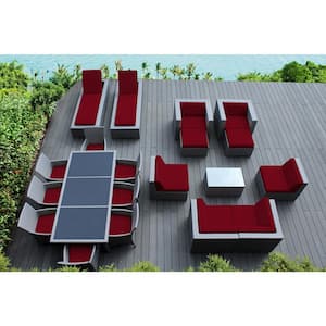 Gray 20-Piece Wicker Patio Combo Conversation Set with Sunbrella Jockey Red Cushions