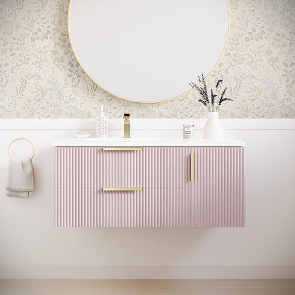 Camille 36 in. Single Sink Wall Mount Vintage Rose Bath Vanity with White Quartz Top and White Ceramic Sink