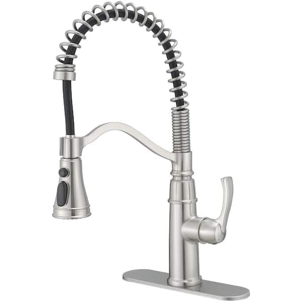 HOMEMYSTIQUE Pro Style Spring Single Handle Brushed Nickel 19.01 in. H 2-Func Pull-Down Kitchen Faucet W/ 360° Swivel