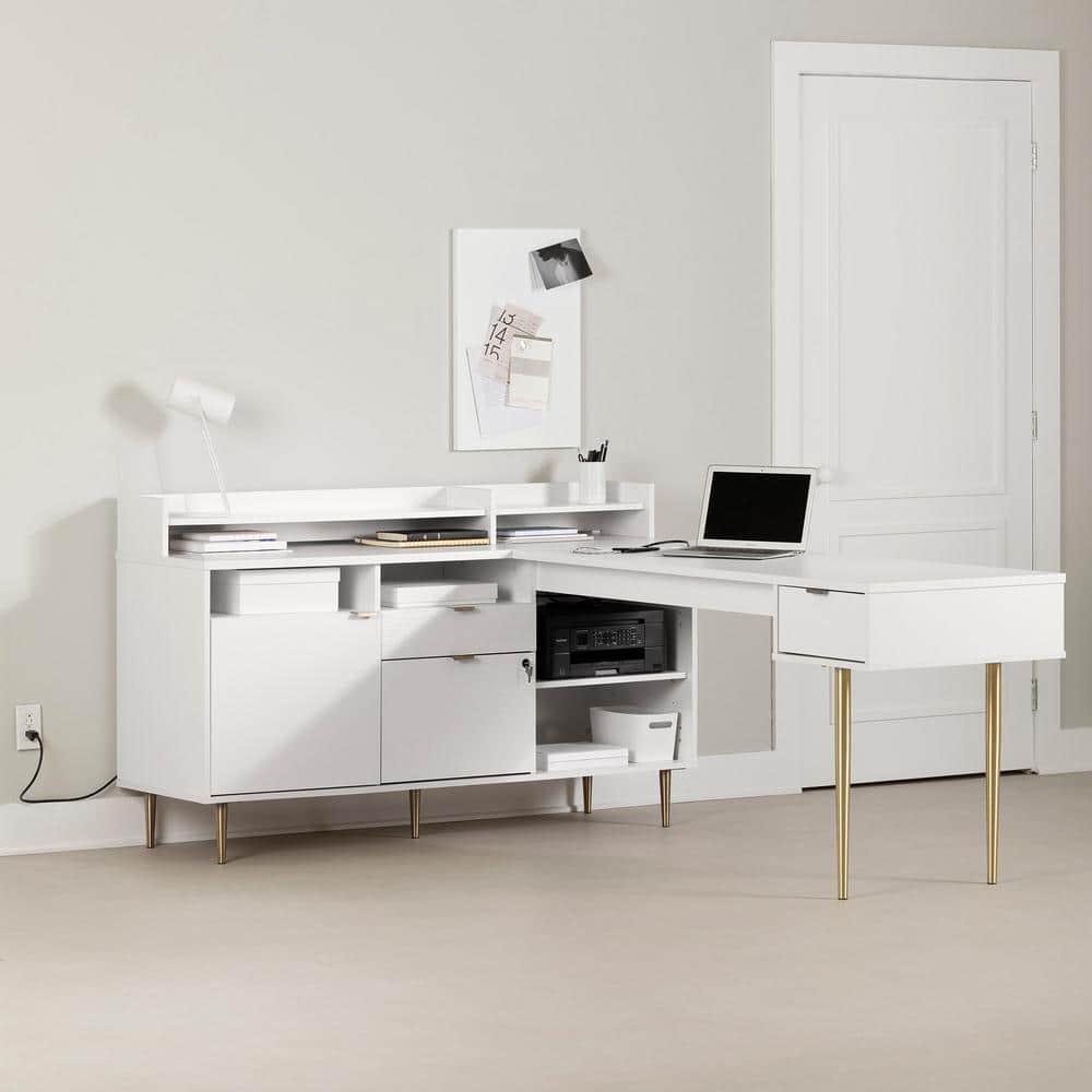 White L-Shaped Corner Desk with Hutch and Brass Legs