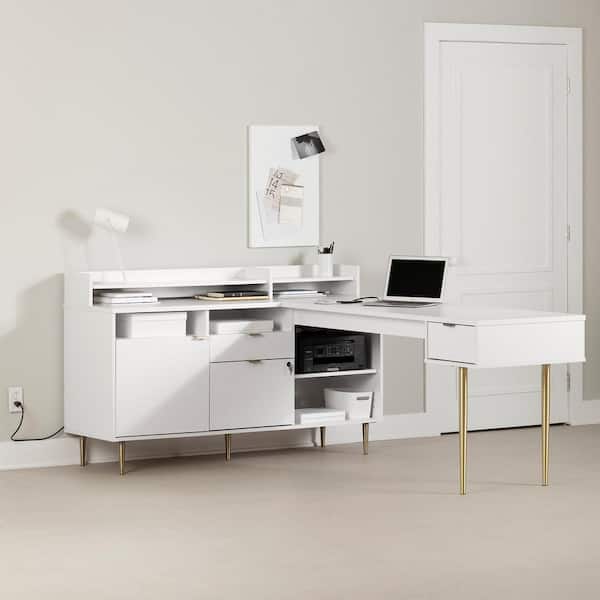 South Shore Koryn 59.25 in. Rectangle Pure White Particle Board 3-Drawers Desk with Power Stip