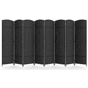 8-Panel Room Divider, 6 ft. Tall Folding Privacy Screen with Hand-Woven Friendly Plant Fibers and Solid Wood Frame Black