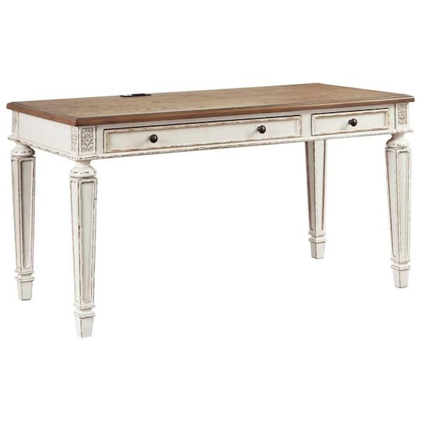 Benjara Transitional 31.13 in. H x 60 in. W White and Brown Wooden Office Desk with Carvings and Drawers