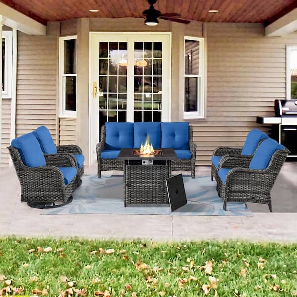 Gymojoy Carolina 6-Piece Wicker Patio Fire Pit Sectional Seating Set with Cushions