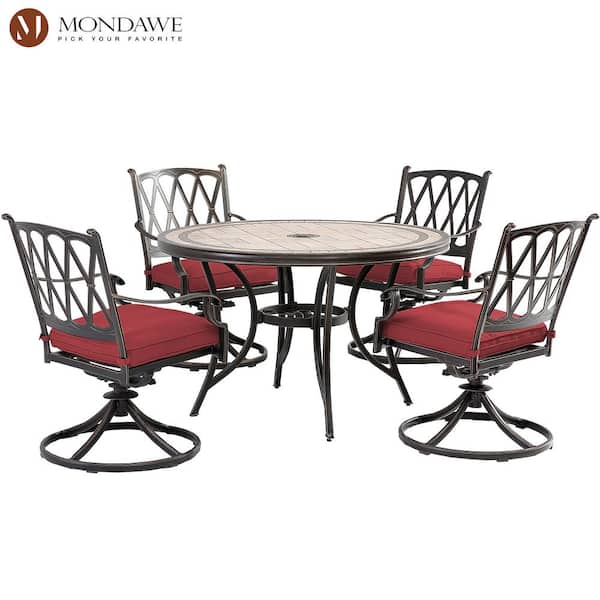 Mondawe 5-Piece Cast Aluminum Outdoor Dining Table Set with Round Tile-Top Table 360 Degrees Swivel Chairs and Red Cushions