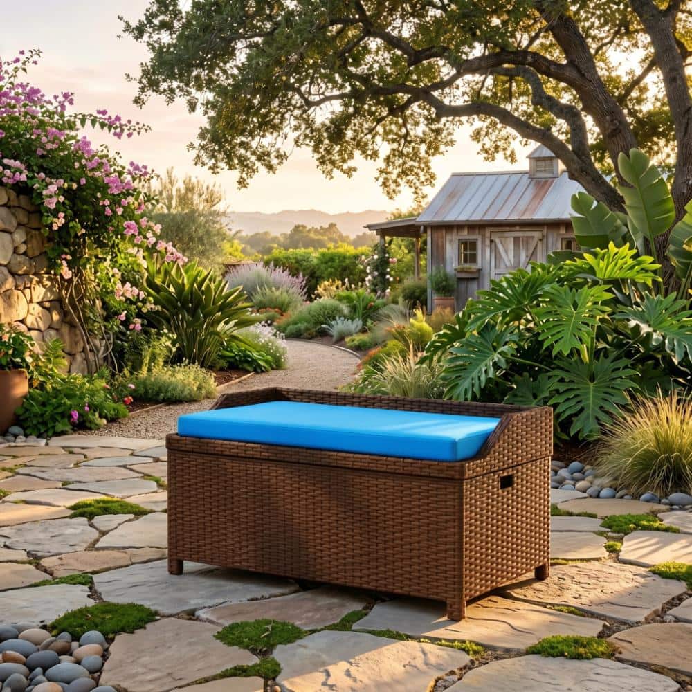 Brown Outdoor Wicker Storage Bench Patio Garden Furniture Waterproof Rattan Seat with Hidden Storage