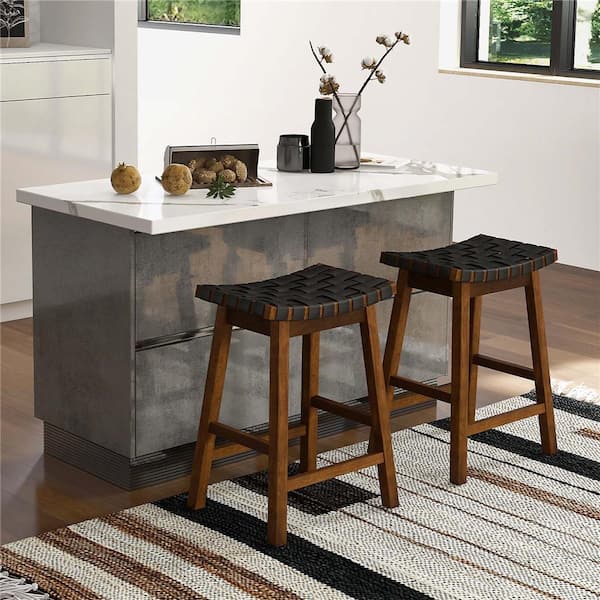 25.5 in. Black Backless Wood Bar Stool Counter Stool with Faux Leather Seat (Set of 2)