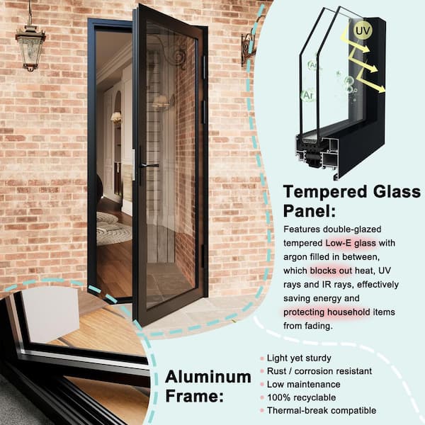 36 in. x 80 in. Left Swing/OutSwing Single Tempered Glass Black Aluminum Patio Door