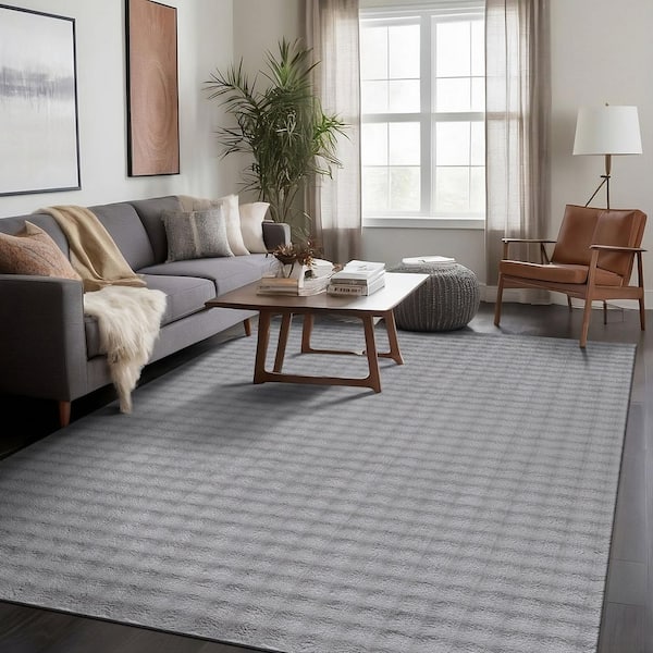 Aurora 4 ft. x 6 ft. Grey Non-Slip Rubber Back Washable Polyester Checker Indoor Area Rug
