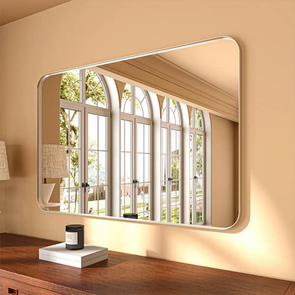 ORGANNICE 48 in. W x 32 in. H Rectangular Aluminum Framed Modern Silver Rounded Wall Mirror