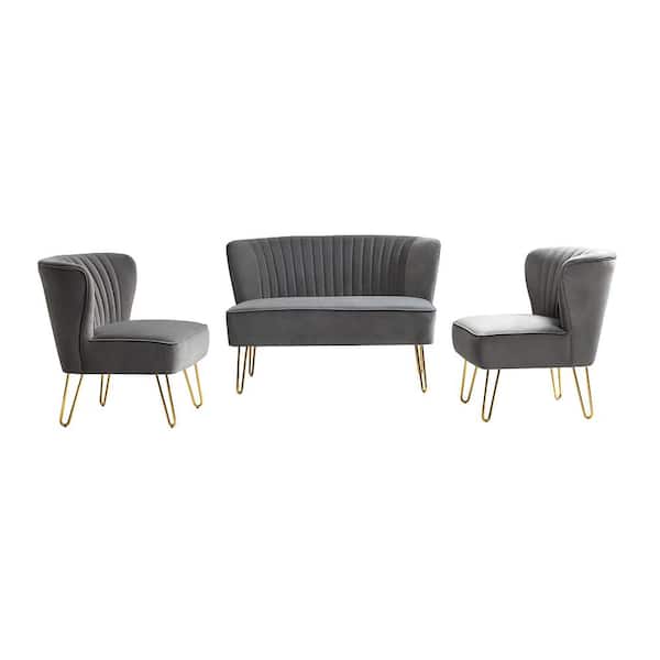 JAYDEN CREATION Alonzo 45 in. 3-Piece Grey Living Room Set with Tufted Back Design