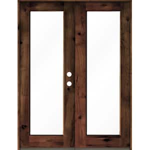72 in. x 96 in. Rustic Knotty Alder Wood Clear Full-Lite red mahogony Stain Left Active Double Prehung Front Door