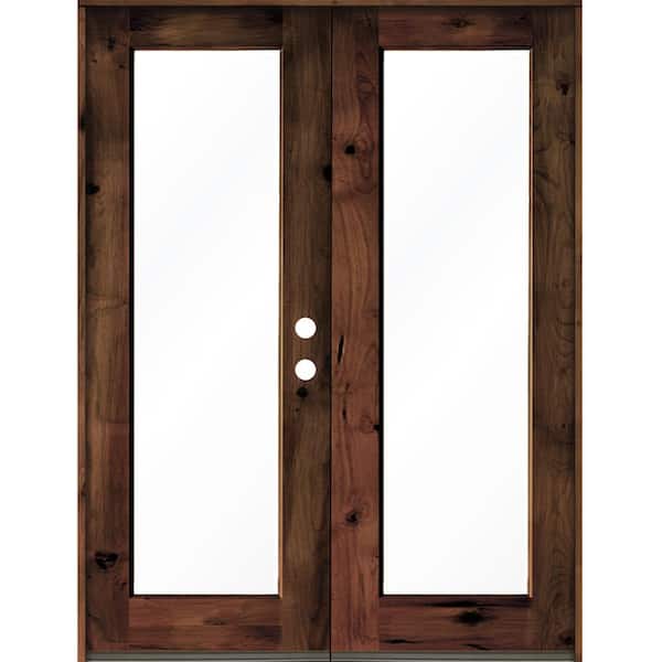 Krosswood Doors 72 in. x 96 in. Rustic Knotty Alder Wood Clear Full-Lite red mahogony Stain Left Active Double Prehung Front Door