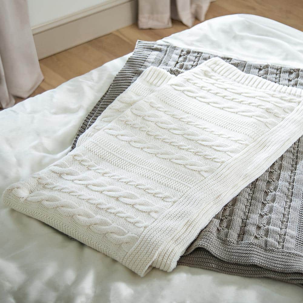 Ivory Organic Cotton Cable Knitted Baby Throw Blanket