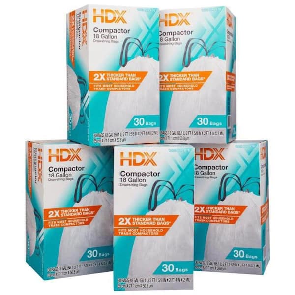 HDX 18 Gal. White Kitchen and Compactor Drawstring Bags (150-Count)  HDX18GCK150-5PK - The Home Depot