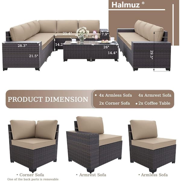 12-Piece Wicker Outdoor Sectional Set with Cushion Sand