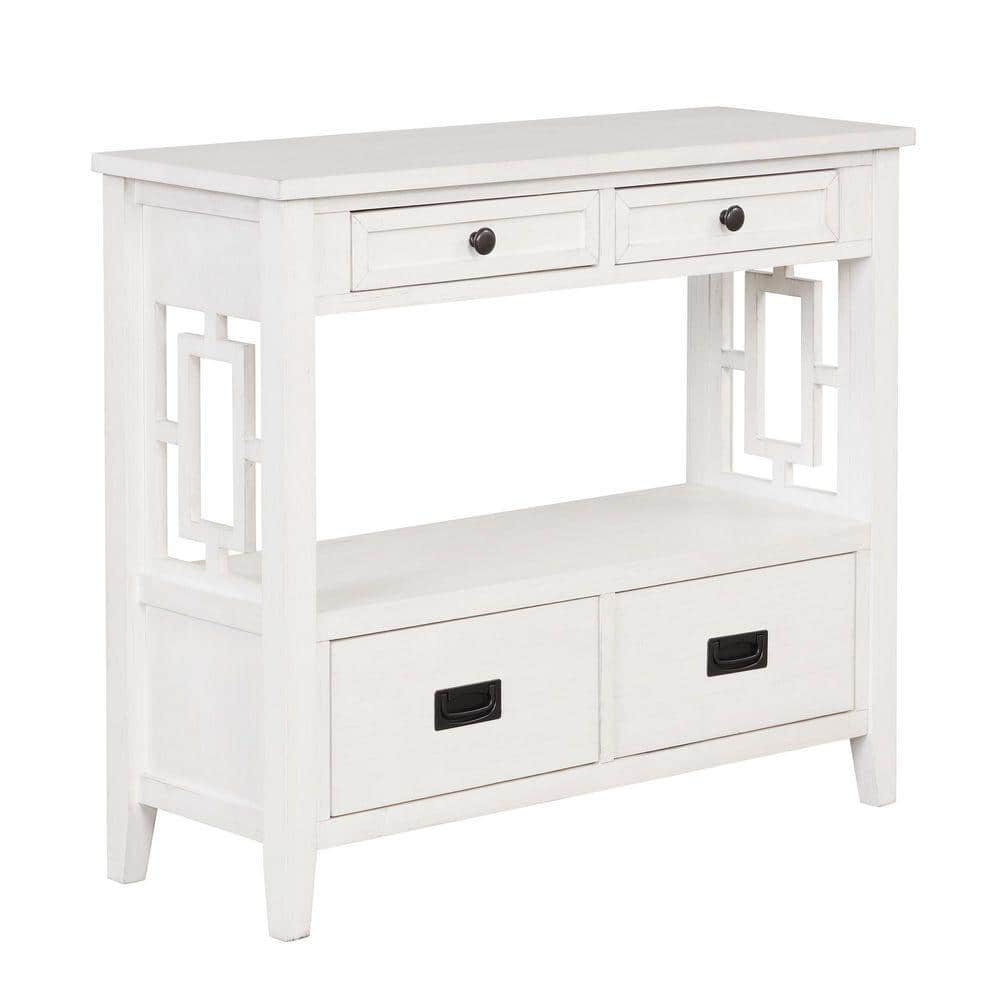 36 in. Antique White Pine Wood Console Table Sofa Table with 4 Drawers ...