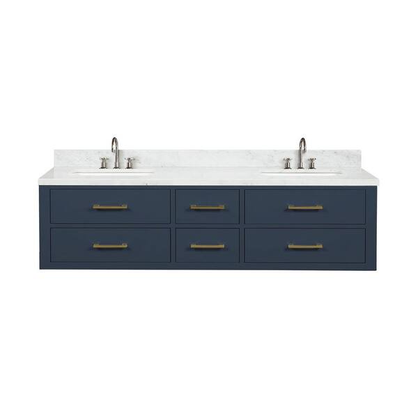 Lexora Sherman 72 in W x 22 in D Blue Double Bath Vanity, Carrara Marble Top, and Faucet Set