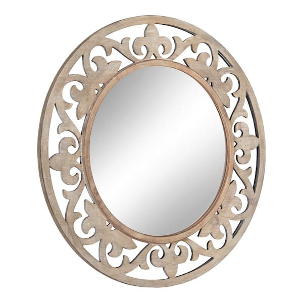 Kate and Laurel Shovali 31.50 in. W x 31.50 in. H Natural Round Farmhouse Framed Decorative Wall Mirror
