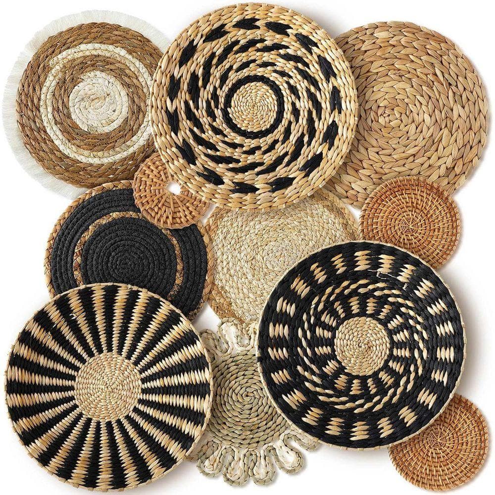 11-Piece 13 in. x 13 in. Beige and Black Seagrass Handmade Wall