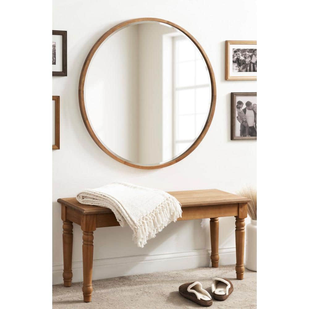 34" Round Walnut Wood Bathroom Vanity Mirror