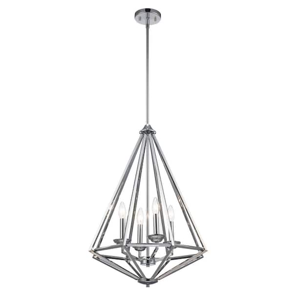 Hubley 4-Light Triangular Polished Chrome Pendant Light Fixture with Metal Cage Shade