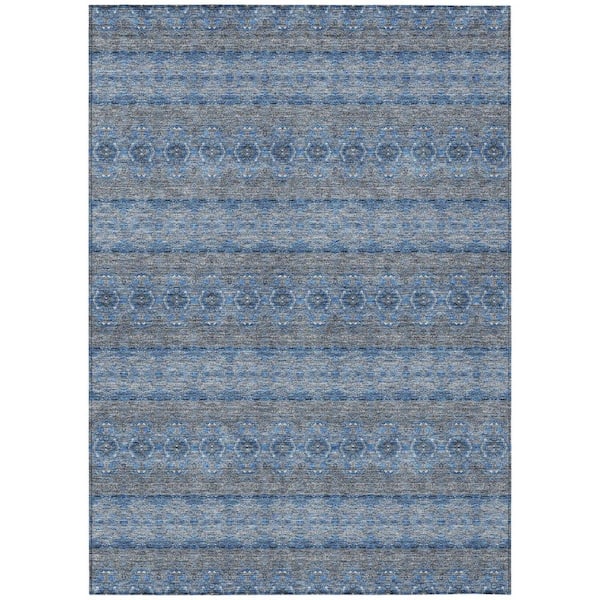 Navy Blue, Sky Blue 8 ft. x 10 ft.Woven Floral Medallion Polyester Rectangle Indoor/Outdoor Area Rug