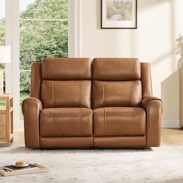Carter 61.02 in. Dual Motors Wall Hugger Leather Power Reclining Sofa in Saddle with Cup Holders, Side Pockets