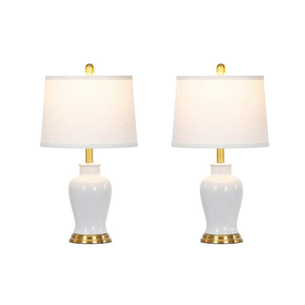 23 in. White Ginger Jar Table Lamp Set with Fabric Shade and LED Bulb (Set of 2)