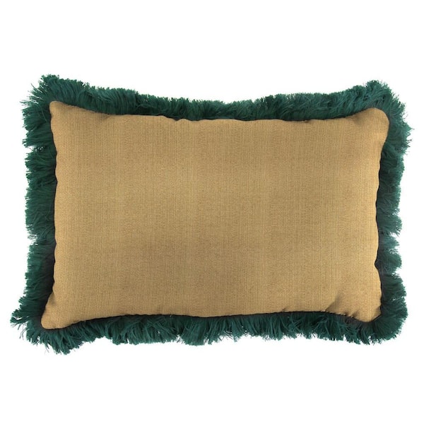 Jordan Manufacturing Sunbrella 19 in. x 12 in. Linen Straw Lumbar Outdoor Throw Pillow with Forest Green Fringe