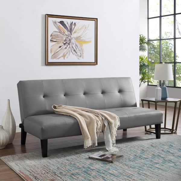 HOMESTOCK Gray Futon Sofa Bed, Faux Leather Futon Couch, Sofa Bed Couch Convertible with Wooden Legs, Button Tufted Futon Bed