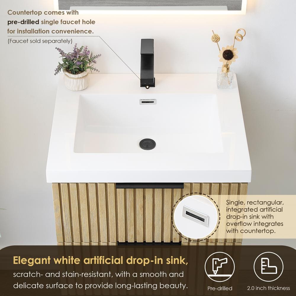 Livia 24" Nature Brown Fir Wood Wall-Mounted Vanity with White Sink