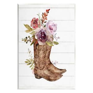 Country Floral Boots Arrangement Design By Nina Blue Unframed Nature Art Print 15 in. x 10 in.